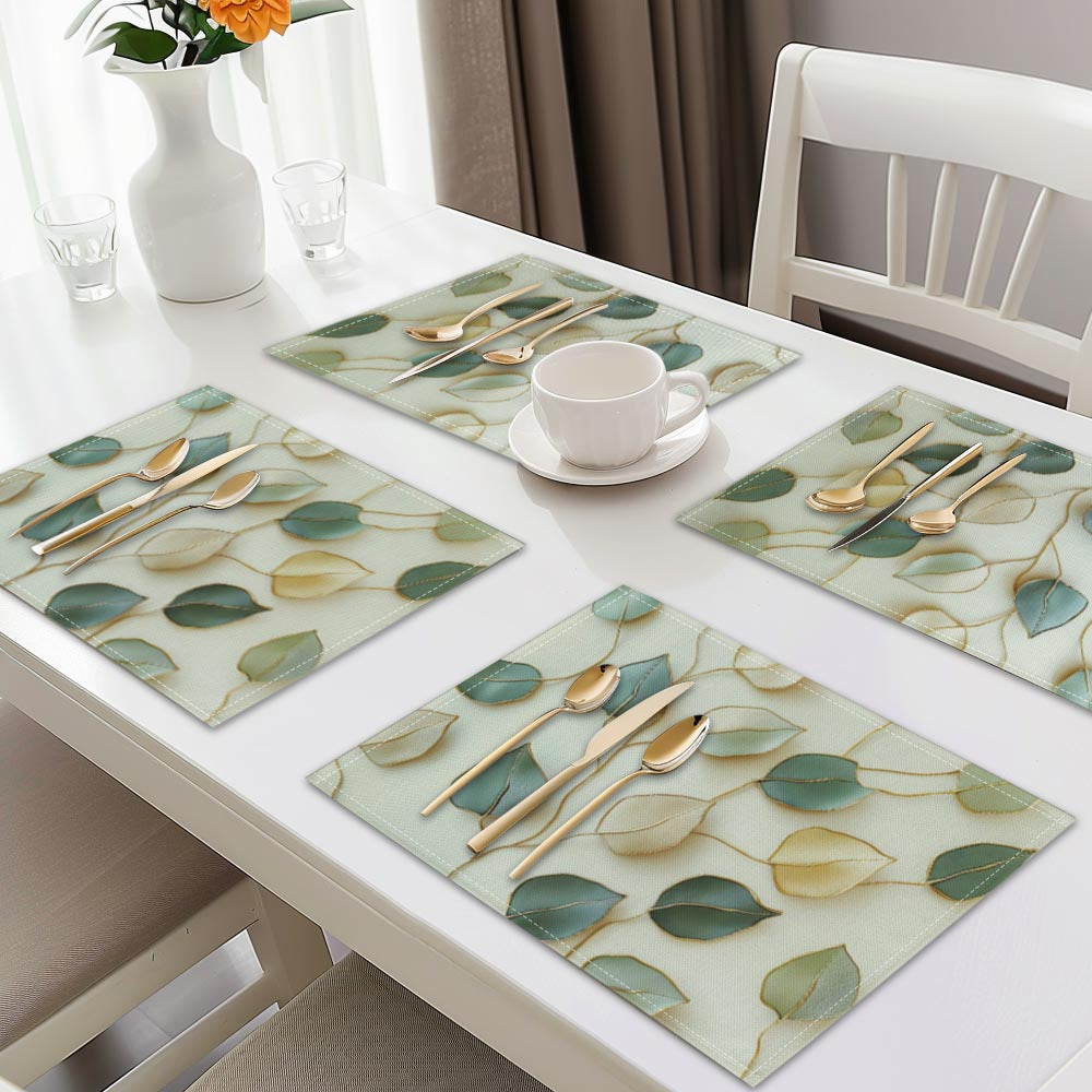 Set of 4 Home Woven Polyester Placemats, Non-Slip Placemats Set, Leaf Print, Machine Washable, Rectangular Table Mats for Dining Decoration, Holiday Meals, Easy Wipe Clean