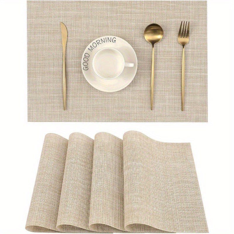 Beige Placemats- Heat Resistant Non-Slip Place mats for Dining Table, Washable Durable PVC Vinyl Woven Table Mats