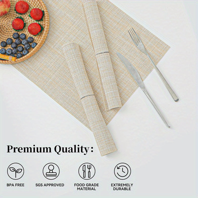 Beige Placemats- Heat Resistant Non-Slip Place mats for Dining Table, Washable Durable PVC Vinyl Woven Table Mats