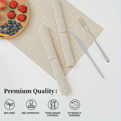 Beige Placemats- Heat Resistant Non-Slip Place mats for Dining Table, Washable Durable PVC Vinyl Woven Table Mats