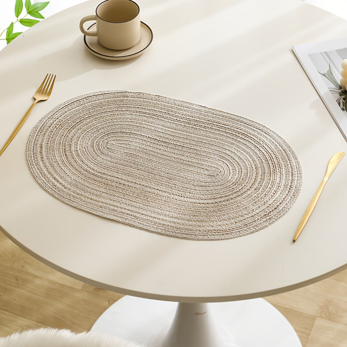 4\u002F6pcs Oval Yarn Placemats, Washable Table Mats, Polyester 100.00, Hand-Woven Dining Decor, 100% Polyester Tabletop Pads