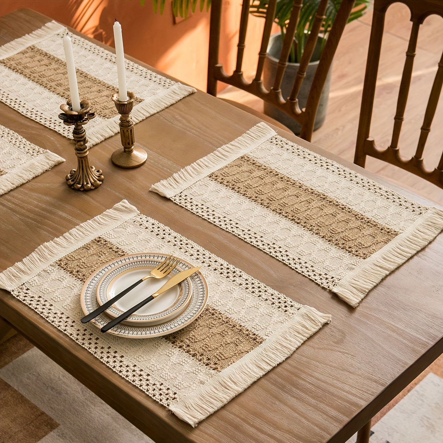 4\u002F6pcs Bohemian Burlap Placemats, Chic Hand-Woven Linen Blend Table Mats, Striped Rectangular Table Mats with Light Luxury Feel, Suitable for Coffee Tables, Home Decoration and Holiday Entertainment Decoration - Durable, Easy to Clean