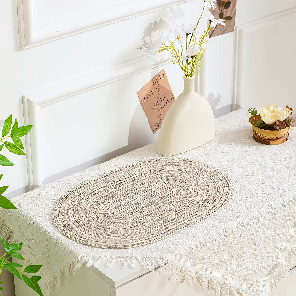 4\u002F6pcs Oval Yarn Placemats, Washable Table Mats, Polyester 100.00, Hand-Woven Dining Decor, 100% Polyester Tabletop Pads