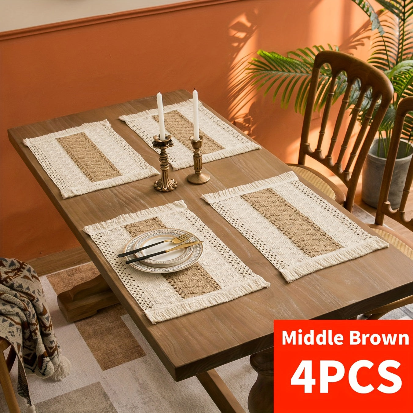 4\u002F6pcs Bohemian Burlap Placemats, Chic Hand-Woven Linen Blend Table Mats, Striped Rectangular Table Mats with Light Luxury Feel, Suitable for Coffee Tables, Home Decoration and Holiday Entertainment Decoration - Durable, Easy to Clean