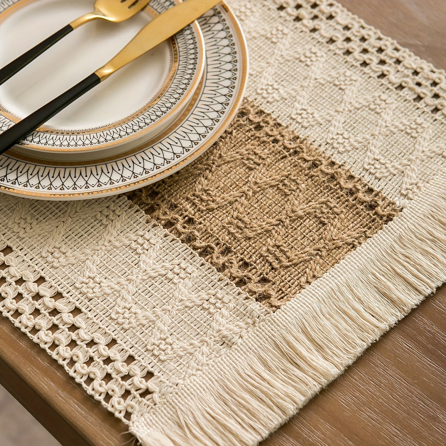 4\u002F6pcs Bohemian Burlap Placemats, Chic Hand-Woven Linen Blend Table Mats, Striped Rectangular Table Mats with Light Luxury Feel, Suitable for Coffee Tables, Home Decoration and Holiday Entertainment Decoration - Durable, Easy to Clean