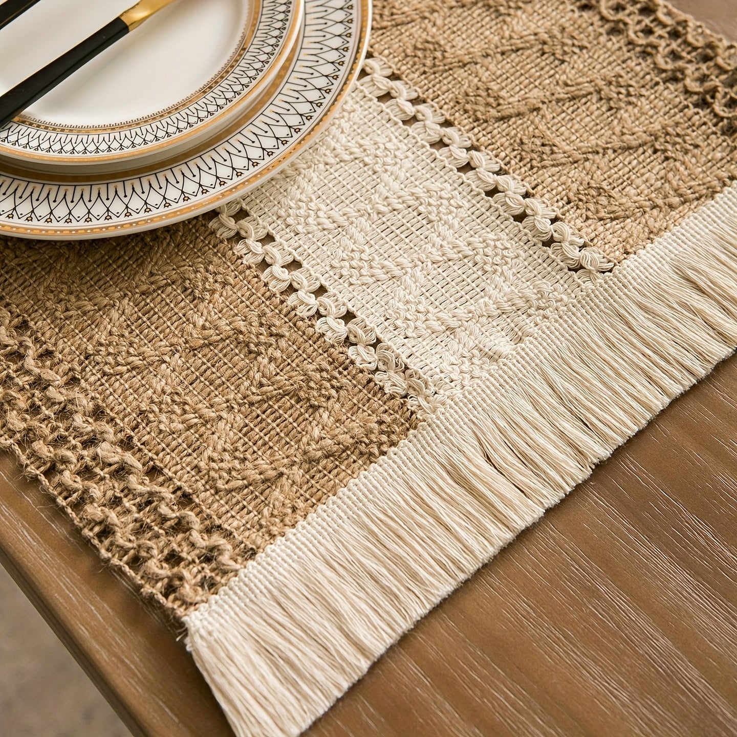 4\u002F6pcs Bohemian Burlap Placemats, Chic Hand-Woven Linen Blend Table Mats, Striped Rectangular Table Mats with Light Luxury Feel, Suitable for Coffee Tables, Home Decoration and Holiday Entertainment Decoration - Durable, Easy to Clean