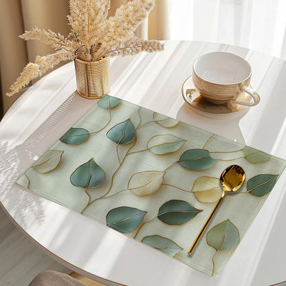 Set of 4 Home Woven Polyester Placemats, Non-Slip Placemats Set, Leaf Print, Machine Washable, Rectangular Table Mats for Dining Decoration, Holiday Meals, Easy Wipe Clean