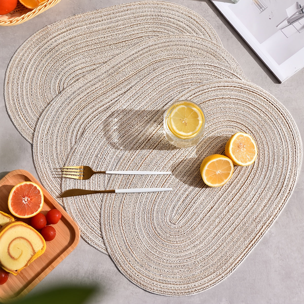 4\u002F6pcs Oval Yarn Placemats, Washable Table Mats, Polyester 100.00, Hand-Woven Dining Decor, 100% Polyester Tabletop Pads