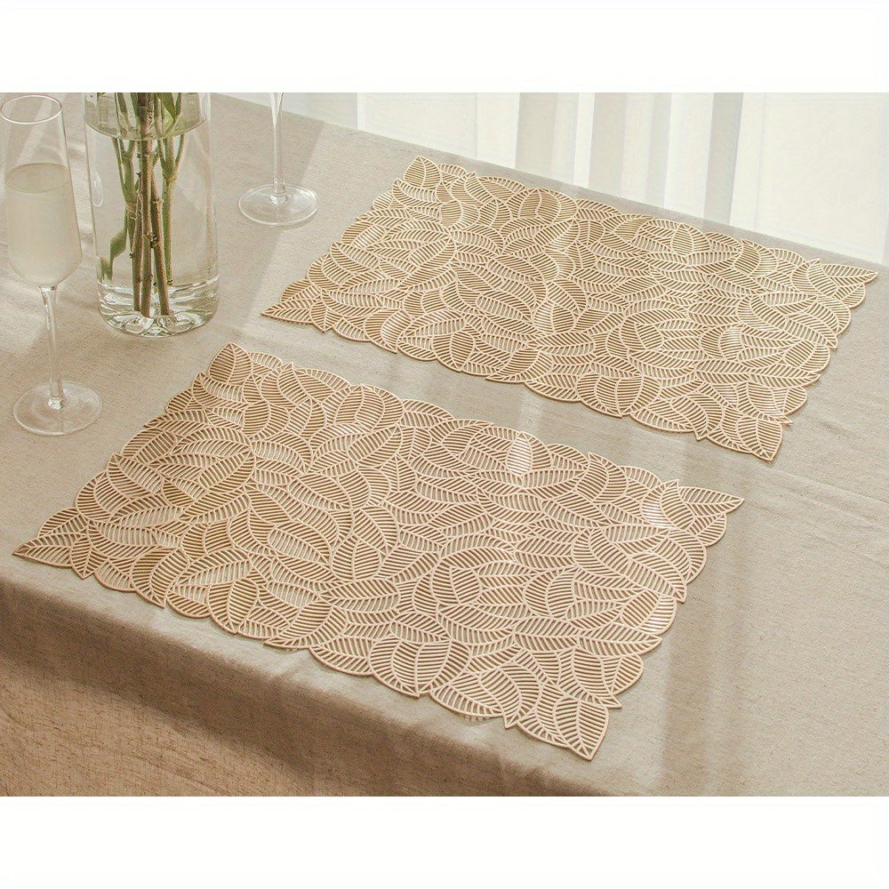 European Style Gilded Leaf Design Square Placemat - Thermal Insulation Table Mat, Durable Lace-Like Pattern for Home & Hotel Restaurant Use