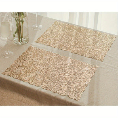 European Style Gilded Leaf Design Square Placemat - Thermal Insulation Table Mat, Durable Lace-Like Pattern for Home & Hotel Restaurant Use