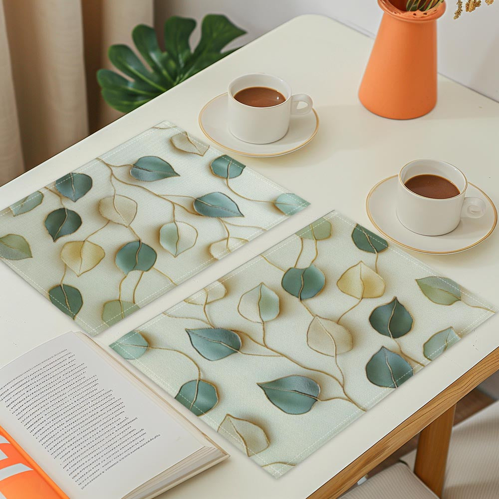 Set of 4 Home Woven Polyester Placemats, Non-Slip Placemats Set, Leaf Print, Machine Washable, Rectangular Table Mats for Dining Decoration, Holiday Meals, Easy Wipe Clean