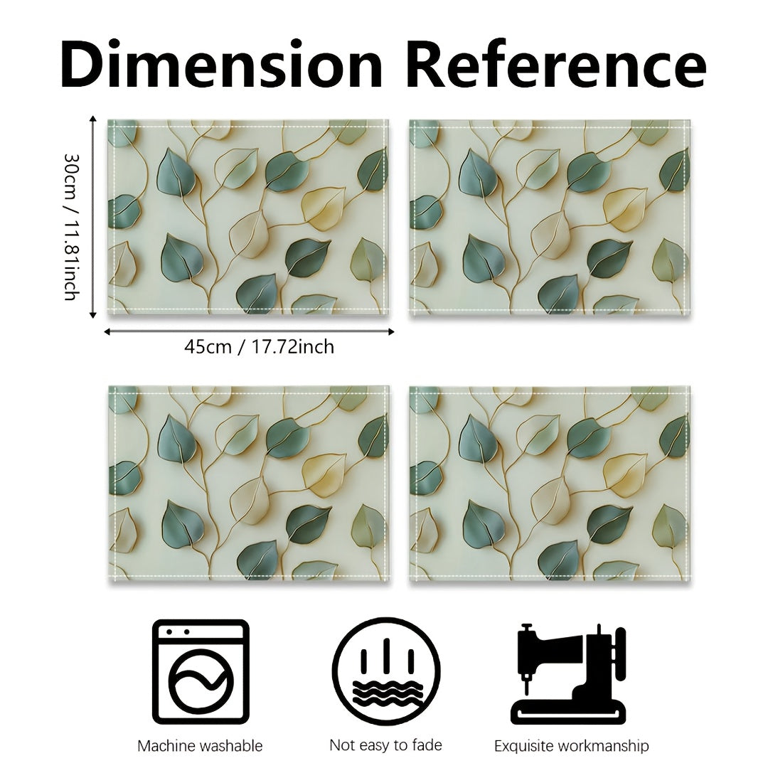 Set of 4 Home Woven Polyester Placemats, Non-Slip Placemats Set, Leaf Print, Machine Washable, Rectangular Table Mats for Dining Decoration, Holiday Meals, Easy Wipe Clean