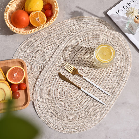 4\u002F6pcs Oval Yarn Placemats, Washable Table Mats, Polyester 100.00, Hand-Woven Dining Decor, 100% Polyester Tabletop Pads